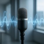 A close-up of a microphone with sound waves visualized in blue, set against an office background.