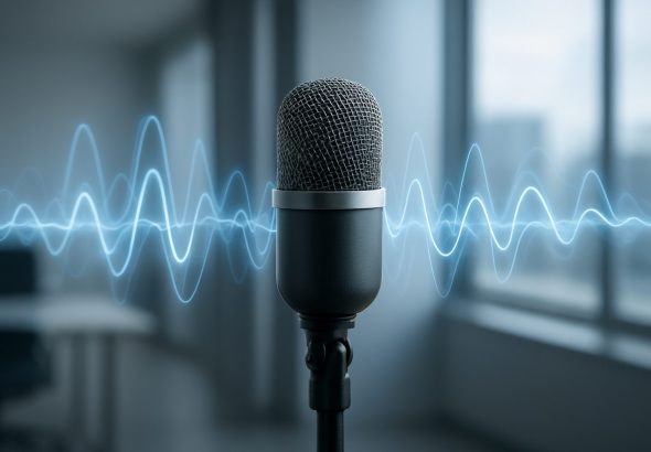 A close-up of a microphone with sound waves visualized in blue, set against an office background.