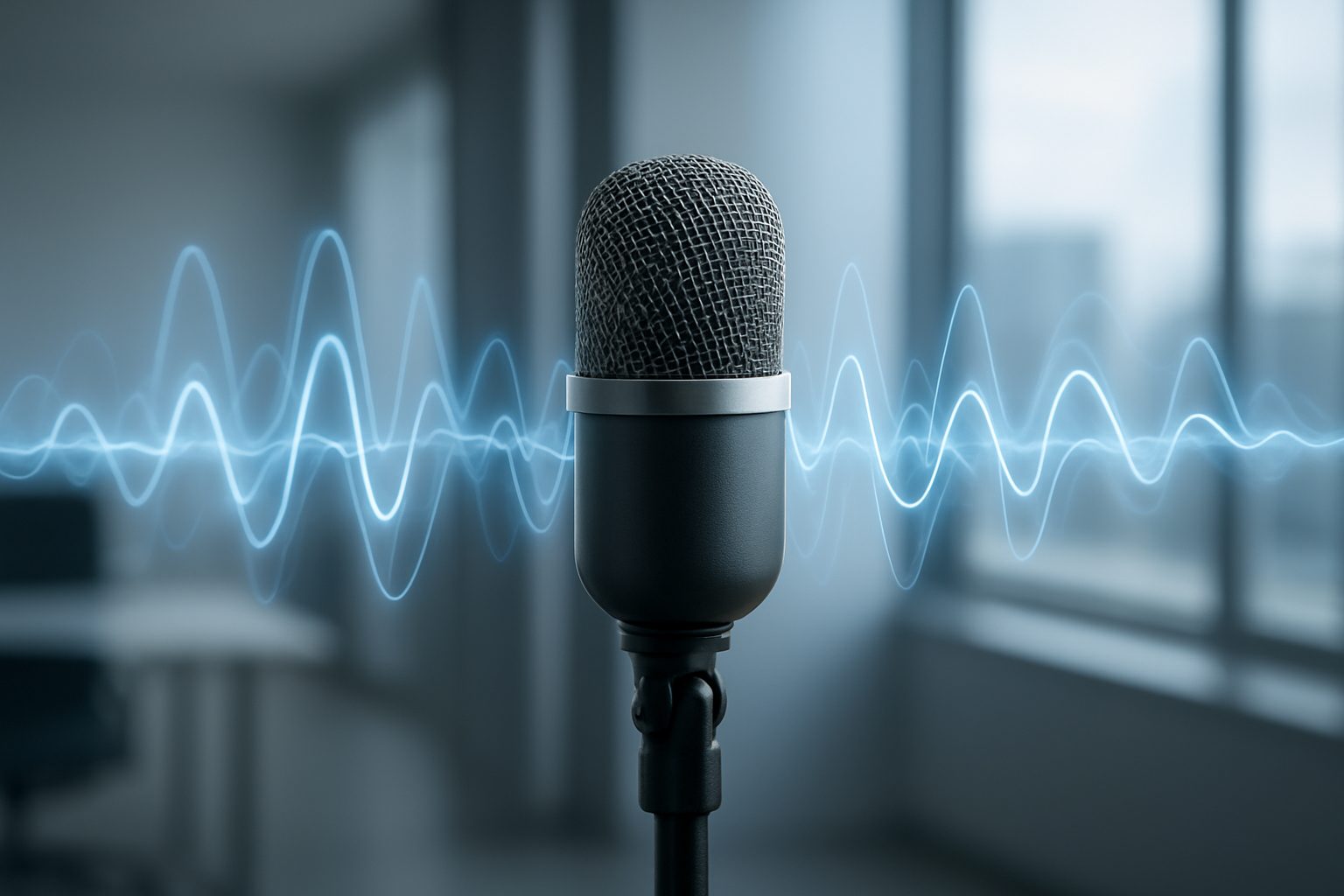 A close-up of a microphone with sound waves visualized in blue, set against an office background.