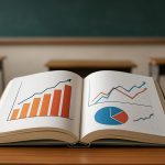 An open book on a desk displaying colorful graphs and charts with a classroom backdrop.