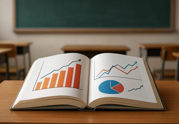 An open book on a desk displaying colorful graphs and charts with a classroom backdrop.
