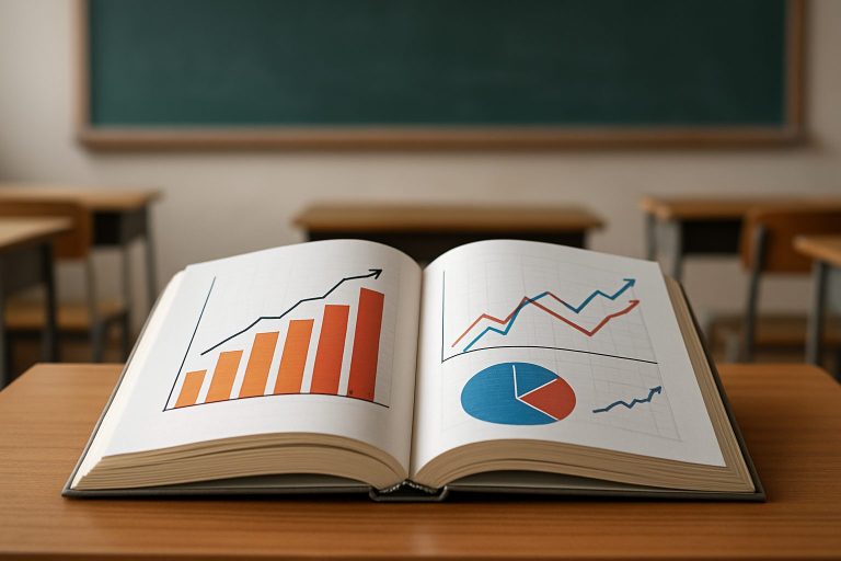 An open book on a desk displaying colorful graphs and charts with a classroom backdrop.