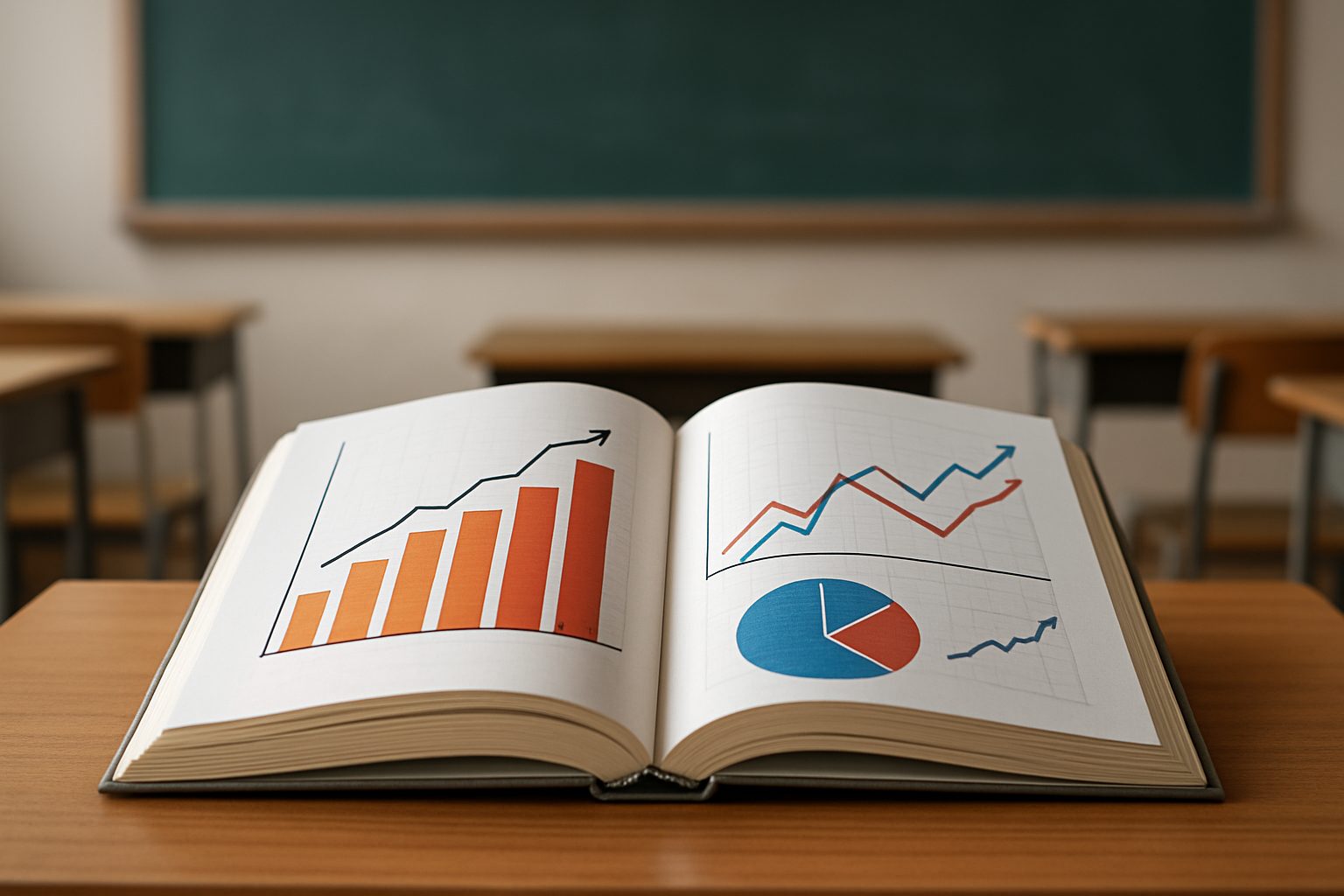 An open book on a desk displaying colorful graphs and charts with a classroom backdrop.