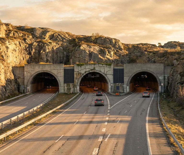 A highway with two tunnel entrances surrounded by rocky terrain and cars driving