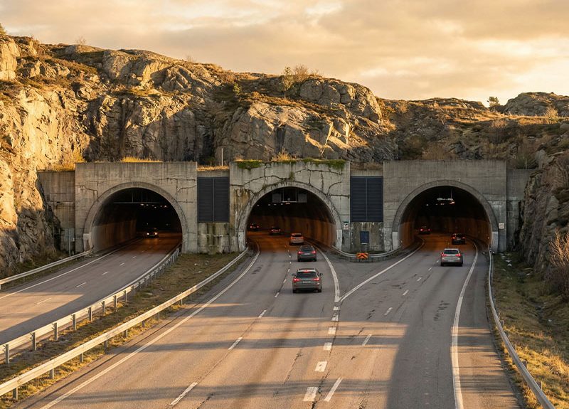 A highway with two tunnel entrances surrounded by rocky terrain and cars driving