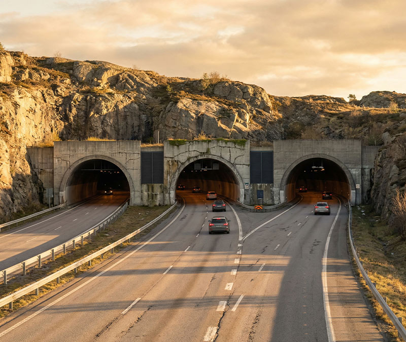 A highway with two tunnel entrances surrounded by rocky terrain and cars driving